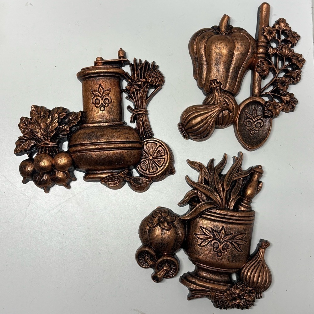 Set of 3 vintage Coppercraft Guild wall hangings with various vegetables